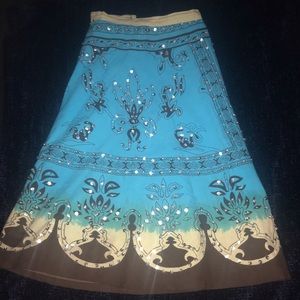 Boho turquoise tan, & brown sequin miniskirt.